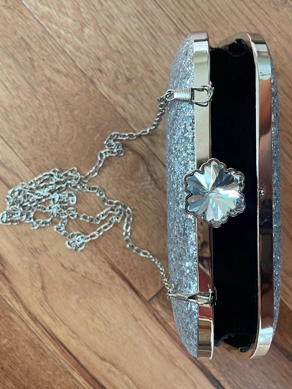Silver Glitter Rhinestone Crystal Clutch Evening Bag Chain Strap